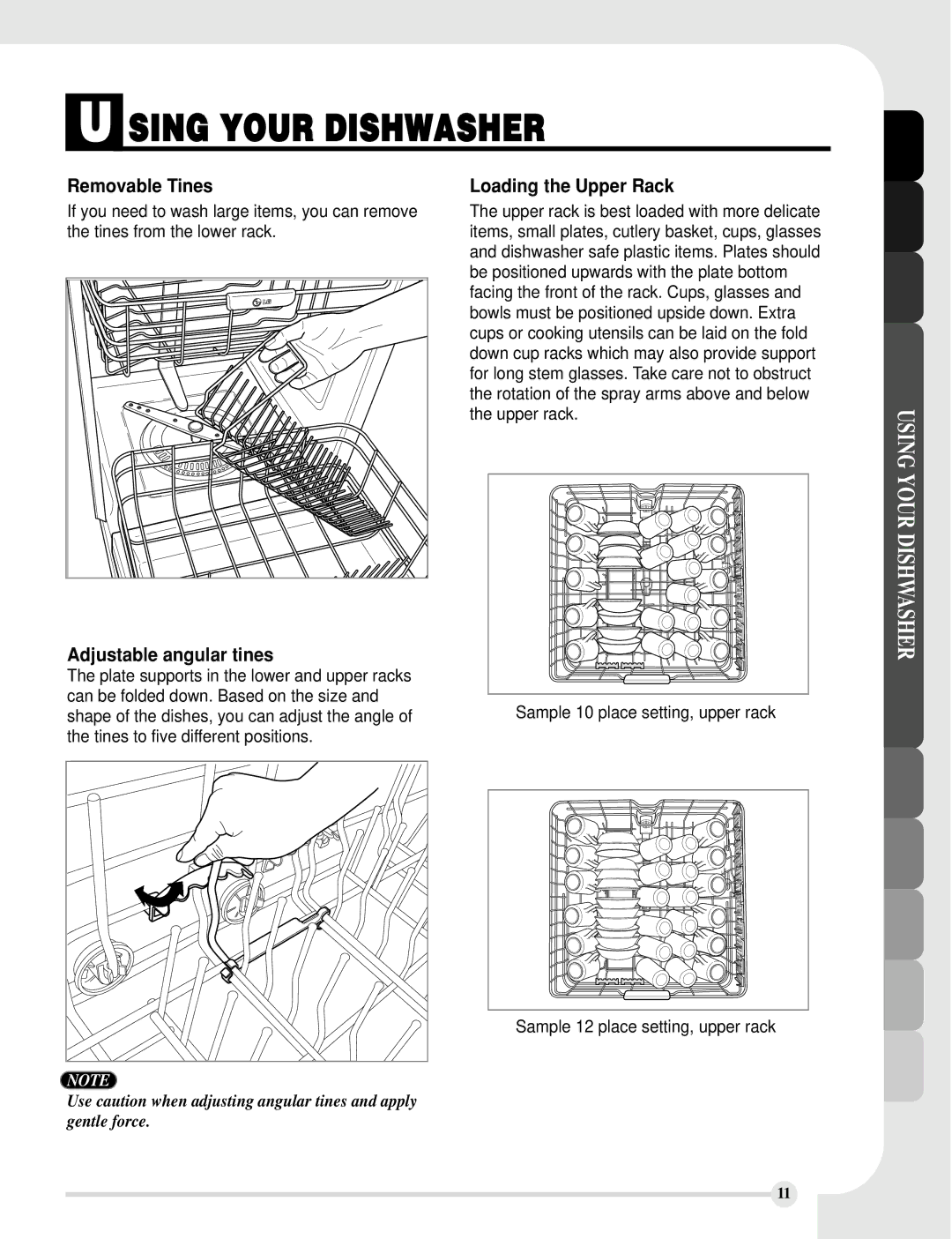 LG Electronics LDF8812BB, LDF8812ST, LDF8812WW manual Removable Tines, Loading the Upper Rack, Adjustable angular tines 