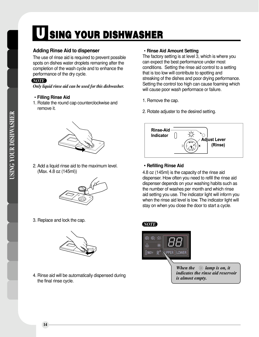 LG Electronics LDF8812BB Adding Rinse Aid to dispenser, Filling Rinse Aid, Rinse Aid Amount Setting, Refilling Rinse Aid 