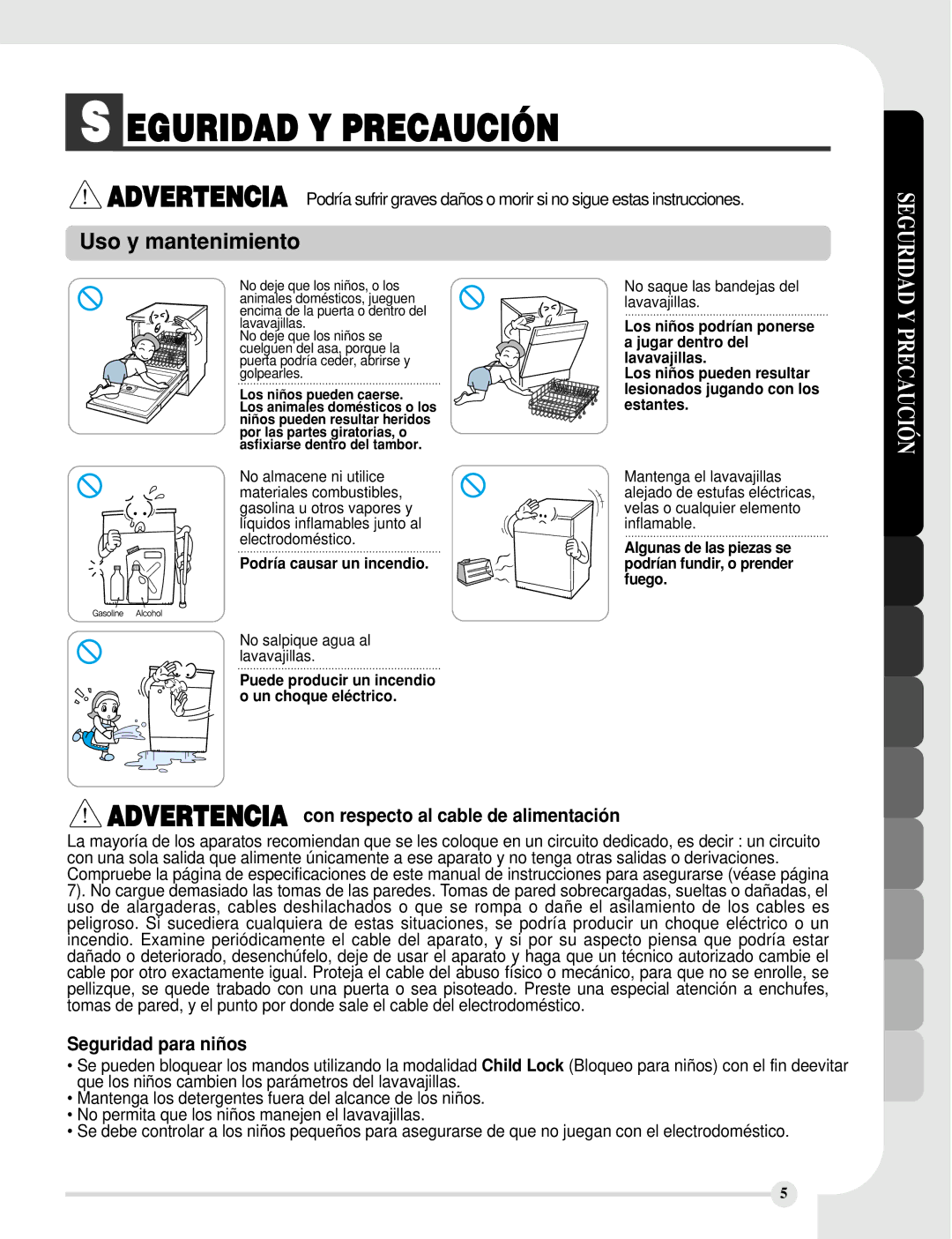 LG Electronics LDF8812WW, LDF8812ST, LDF8812BB manual Advertencia con respecto al cable de alimentación, Seguridad para niños 