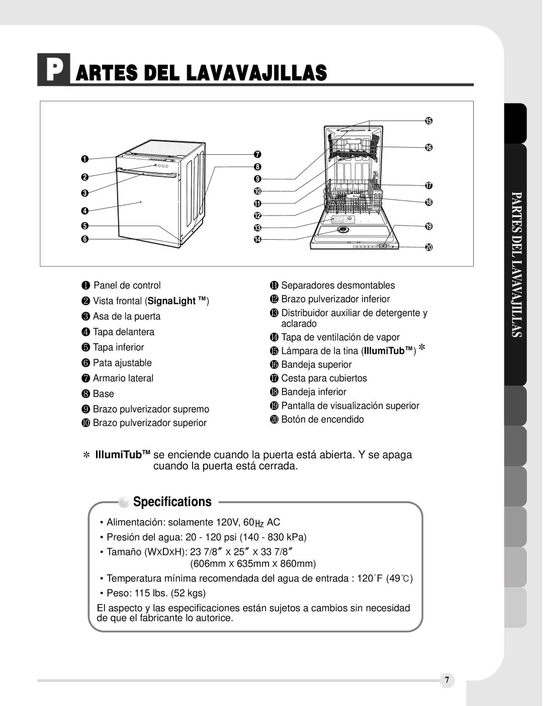 LG Electronics LDF8812ST, LDF8812WW, LDF8812BB manual Artes DEL Lavavajillas, Partes DEL Lavavajillas 