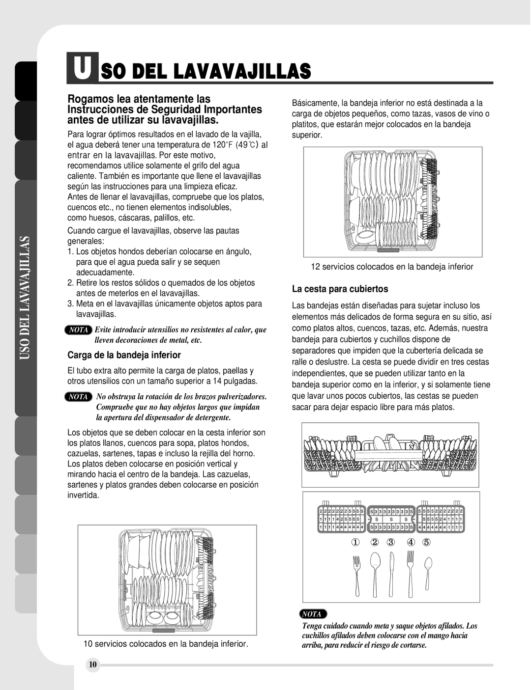 LG Electronics LDF8812ST, LDF8812WW manual USO DEL Lavavajillas, Carga de la bandeja inferior, La cesta para cubiertos 