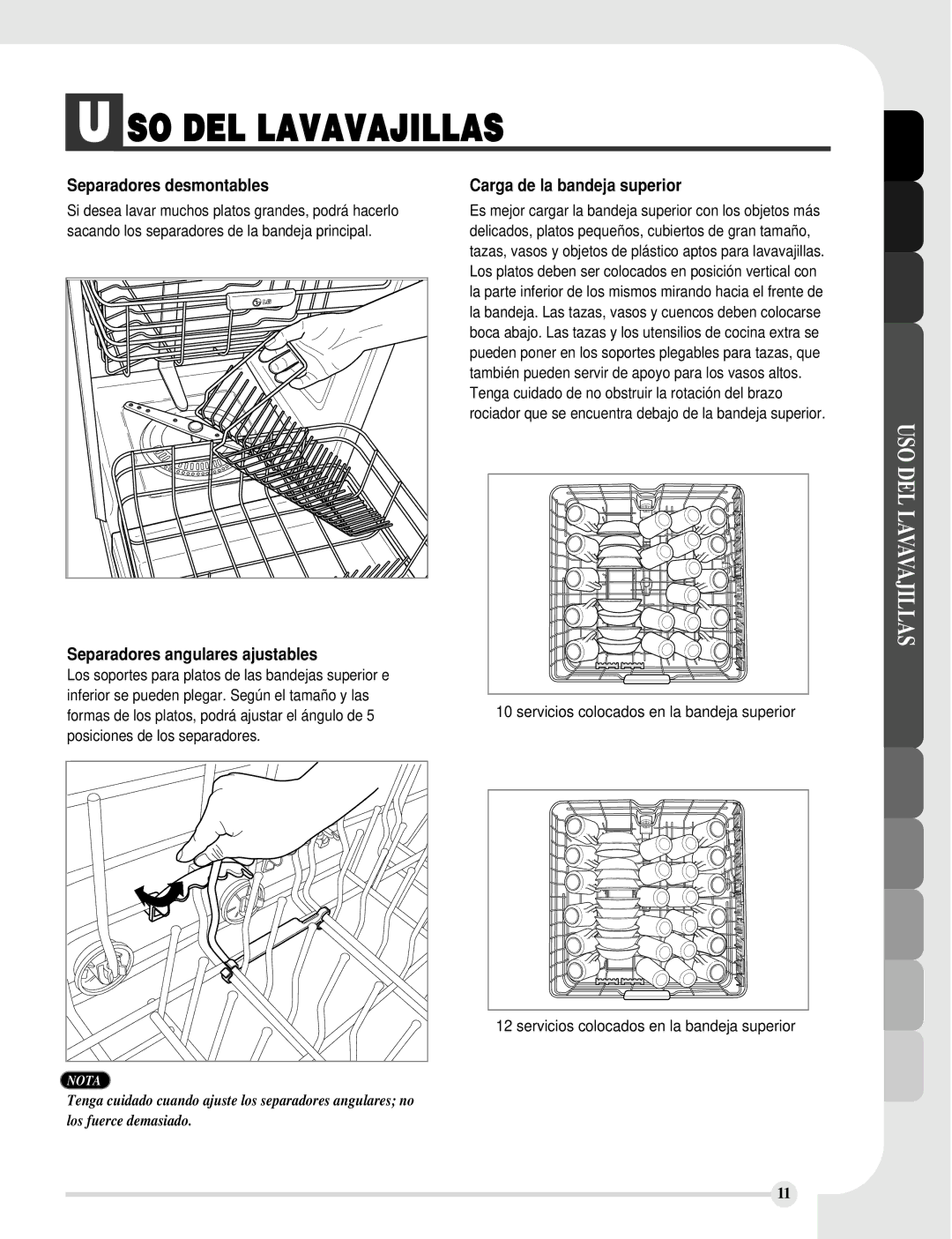 LG Electronics LDF8812WW manual Separadores desmontables, Separadores angulares ajustables, Carga de la bandeja superior 