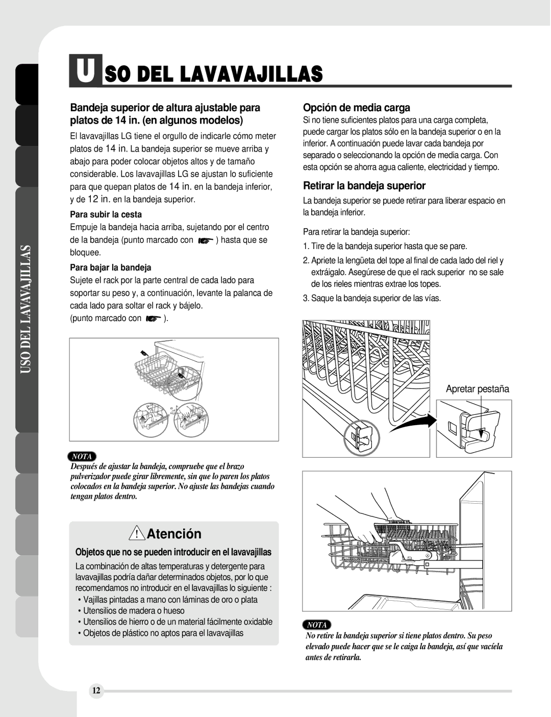 LG Electronics LDF8812BB, LDF8812ST, LDF8812WW manual Atención, Opción de media carga, Retirar la bandeja superior 