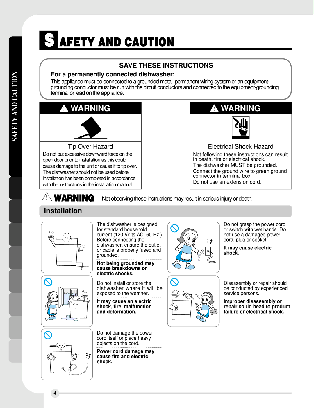 LG Electronics LDF8812WW, LDF8812ST, LDF8812BB manual For a permanently connected dishwasher, Safety 