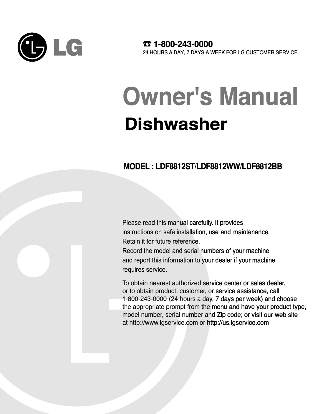 LG Electronics manual MODEL LDF8812ST/LDF8812WW/LDF8812BB, Dishwasher 