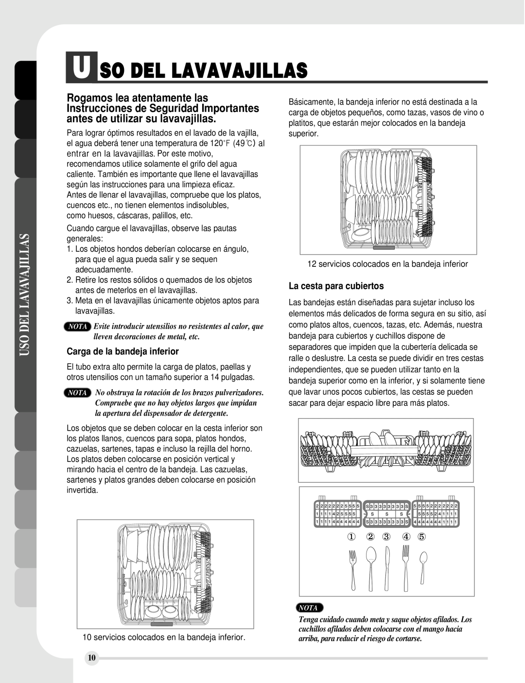 LG Electronics LDF8812ST manual U So Del Lavavajillas, Uso Del Lavavajillas, servicios colocados en la bandeja inferior 