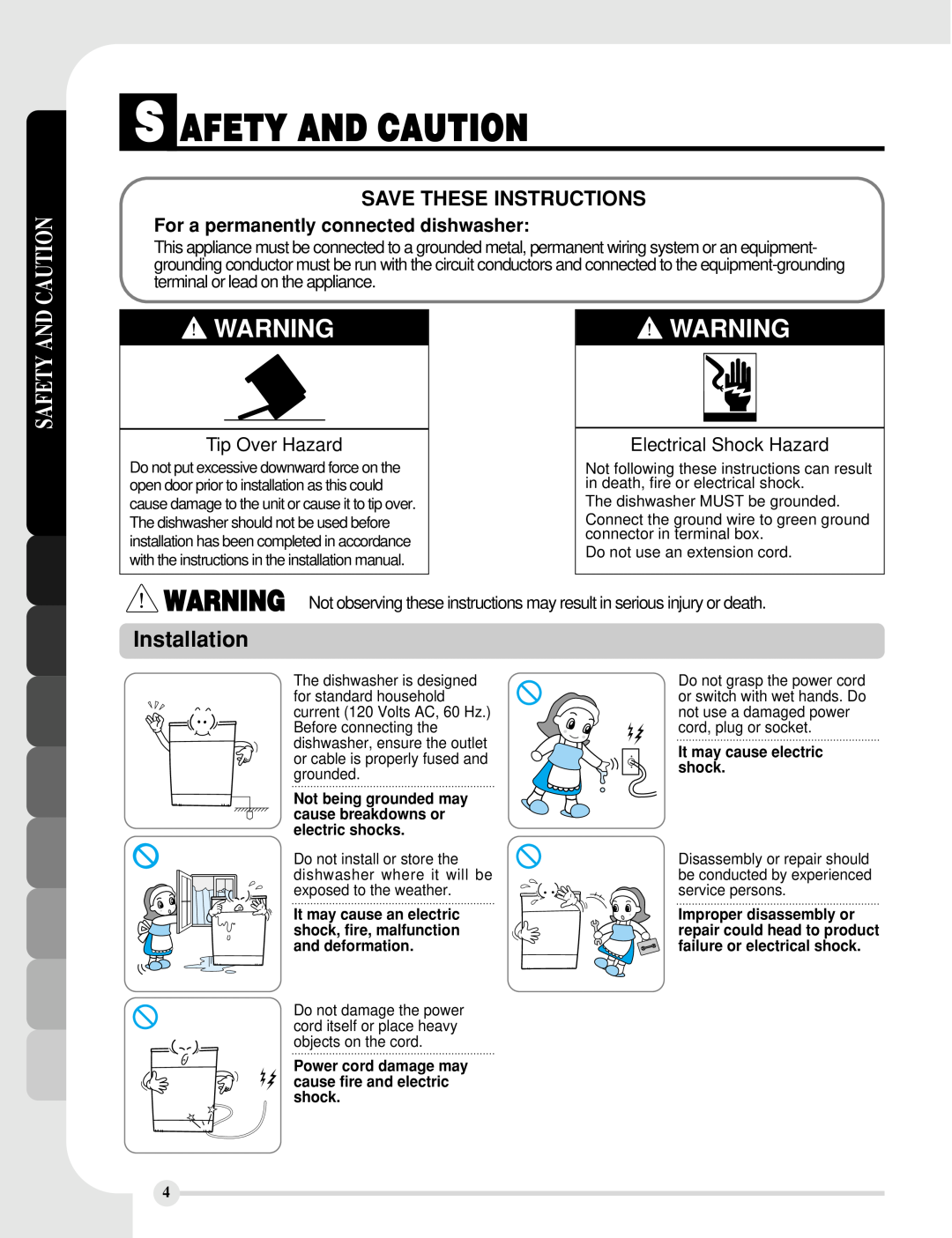 LG Electronics LDF8812WW manual Installation, Save These Instructions, For a permanently connected dishwasher, Safety And 