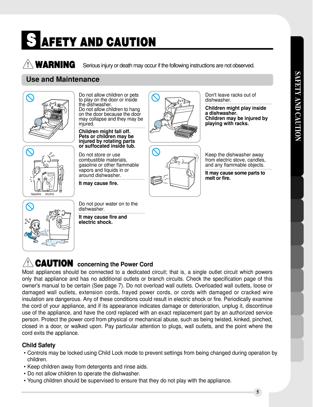 LG Electronics LDF8812BB manual Use and Maintenance, CAUTION concerning the Power Cord, Child Safety, S Afety And Caution 