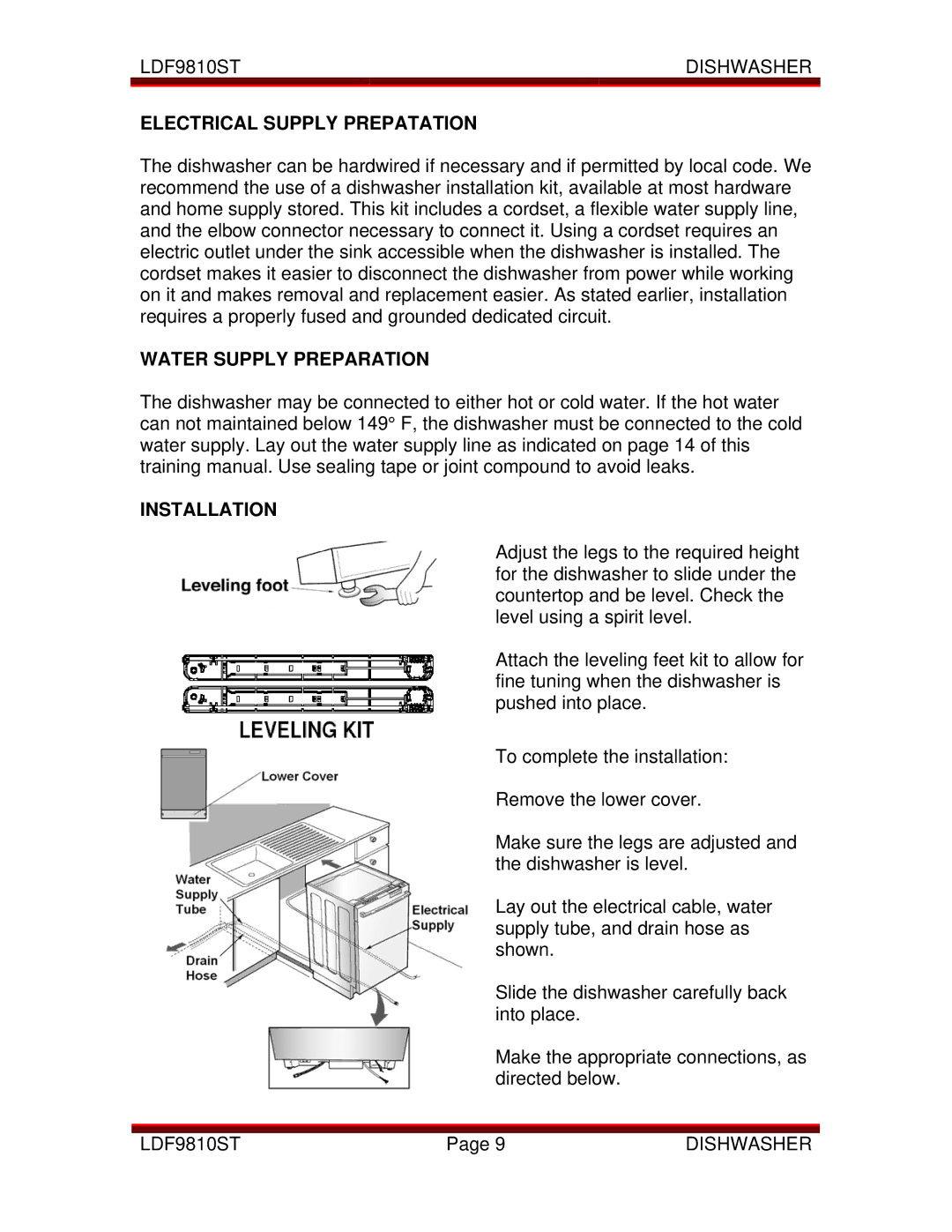 LG Electronics LDF9810ST manual Electrical Supply Prepatation, Water Supply Preparation, Installation 