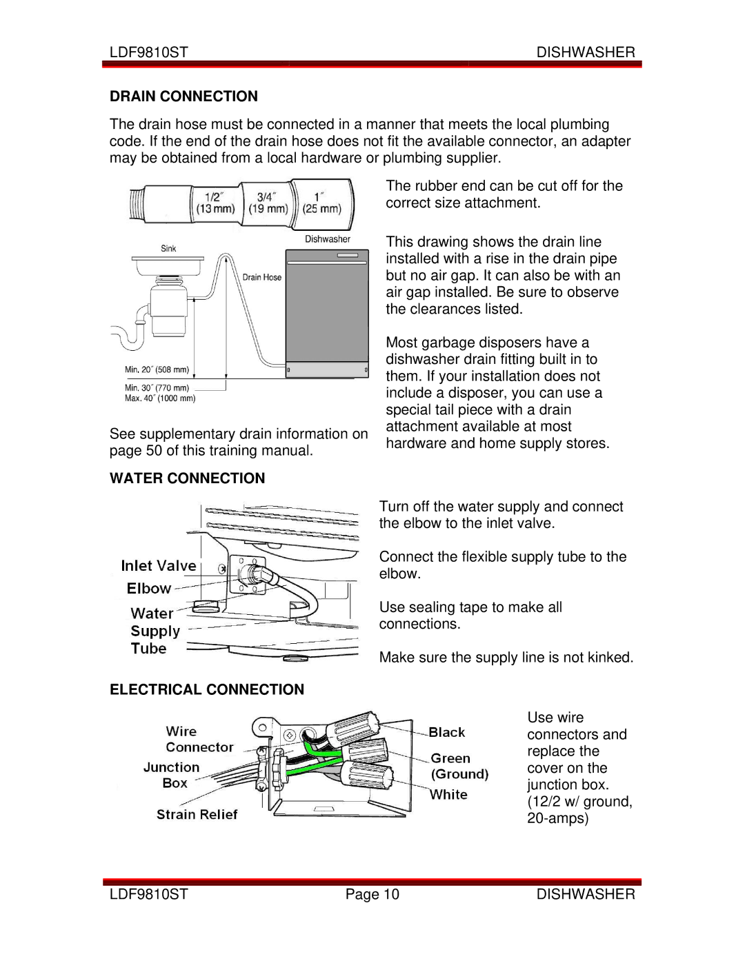 LG Electronics LDF9810ST manual Drain Connection, Water Connection, Electrical Connection 