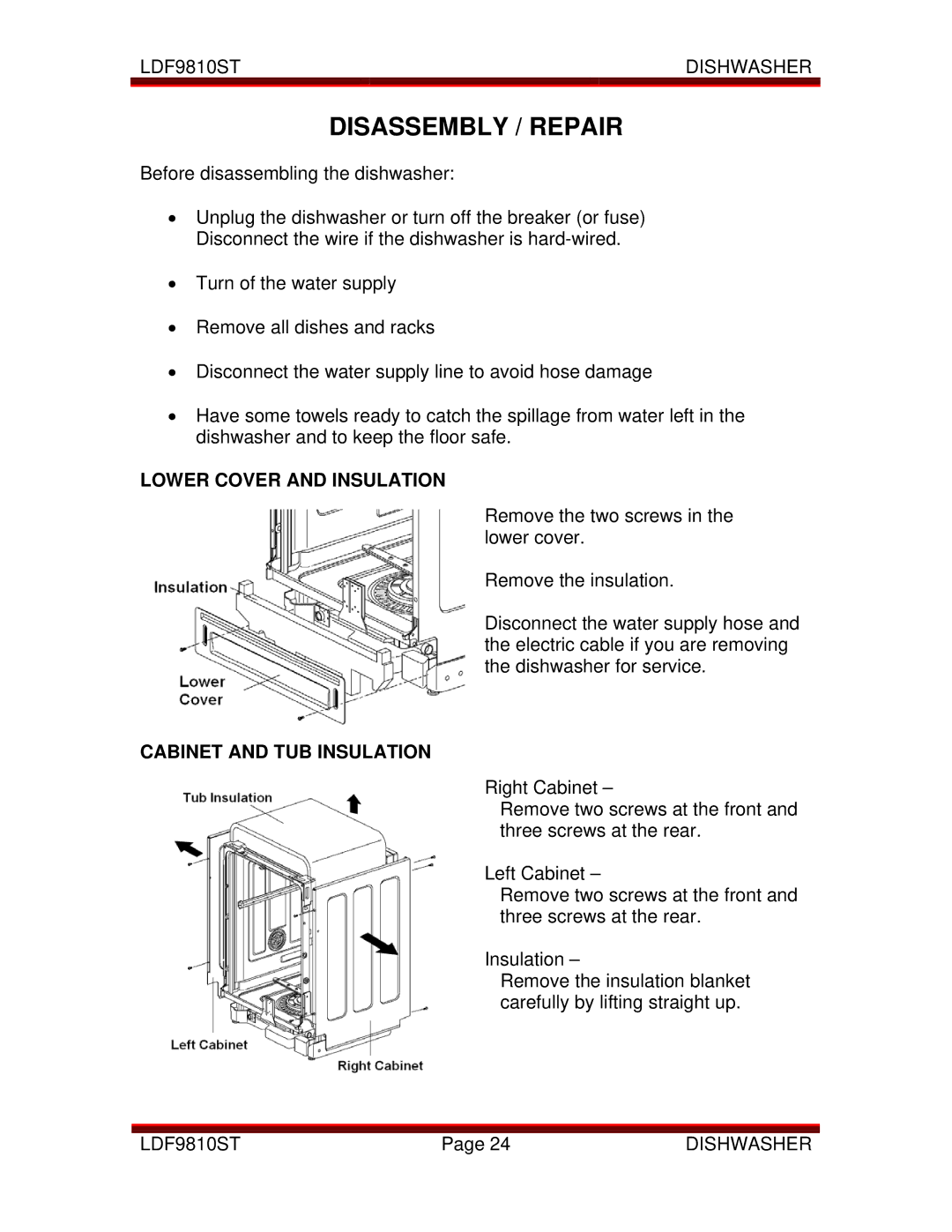 LG Electronics LDF9810ST manual Disassembly / Repair, Lower Cover and Insulation, Cabinet and TUB Insulation 