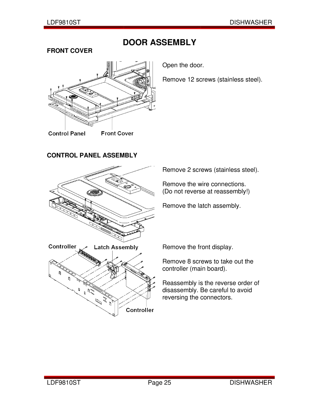 LG Electronics LDF9810ST manual Door Assembly, Front Cover, Control Panel Assembly 