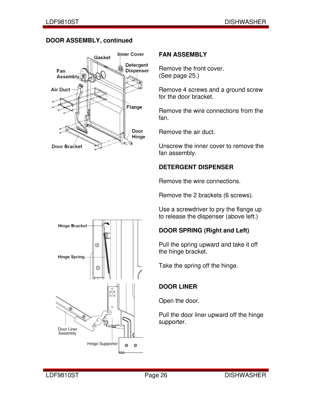 LG Electronics LDF9810ST manual FAN Assembly, Detergent Dispenser, Door Liner 