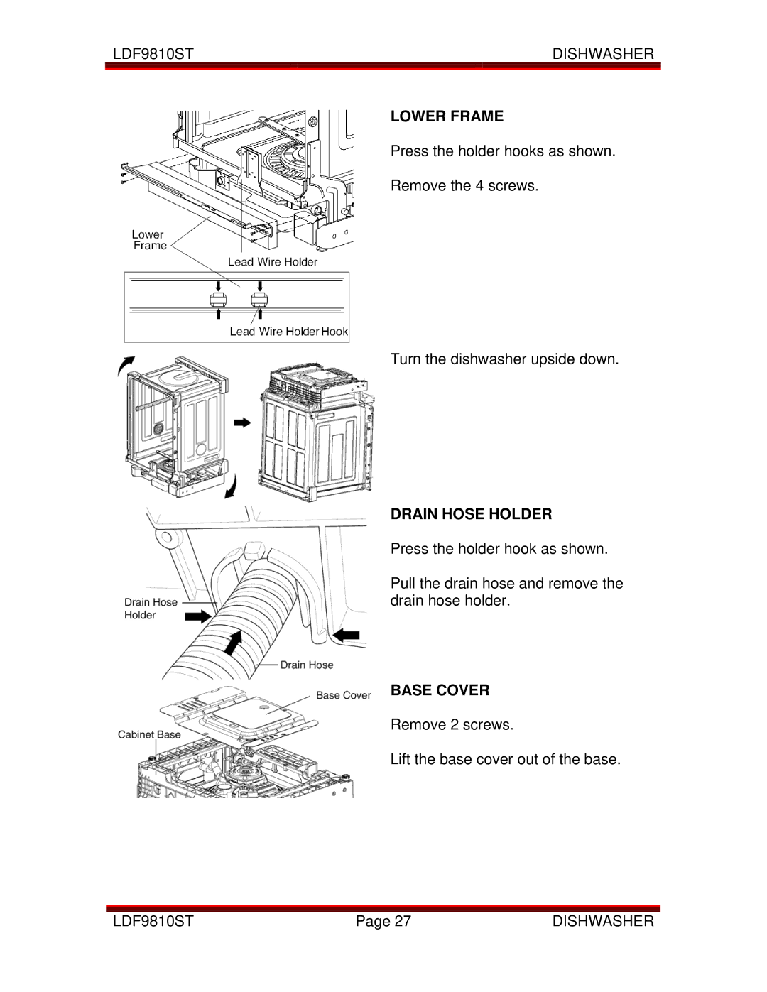 LG Electronics LDF9810ST manual Lower Frame, Drain Hose Holder, Base Cover 