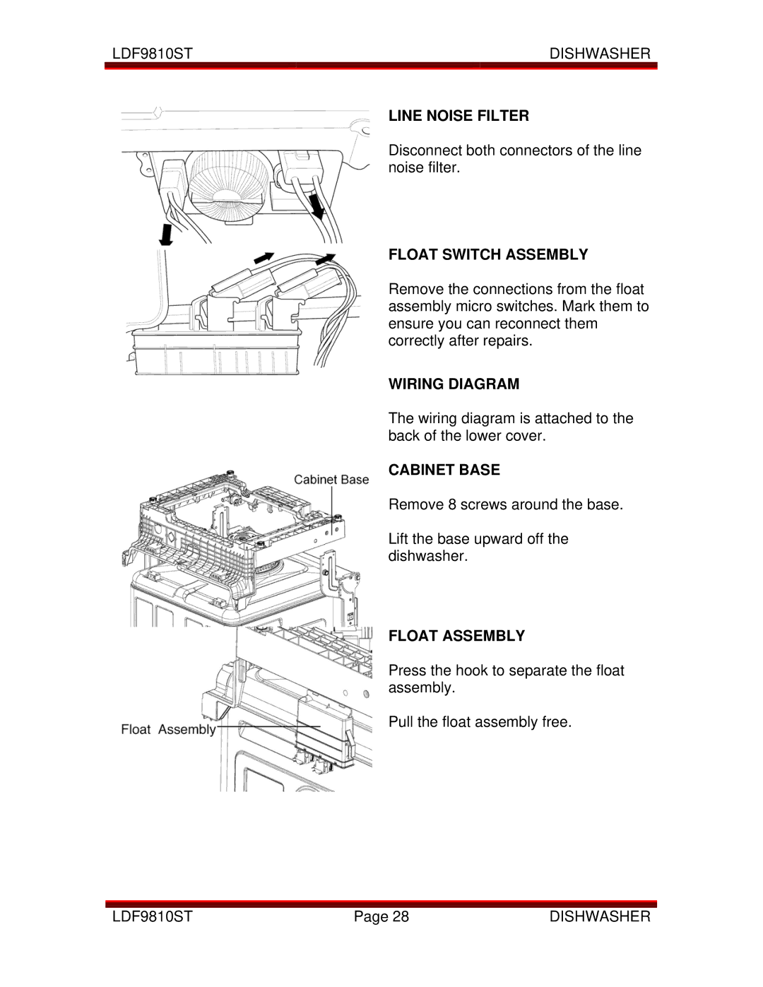 LG Electronics LDF9810ST manual Line Noise Filter, Float Switch Assembly, Wiring Diagram, Cabinet Base, Float Assembly 