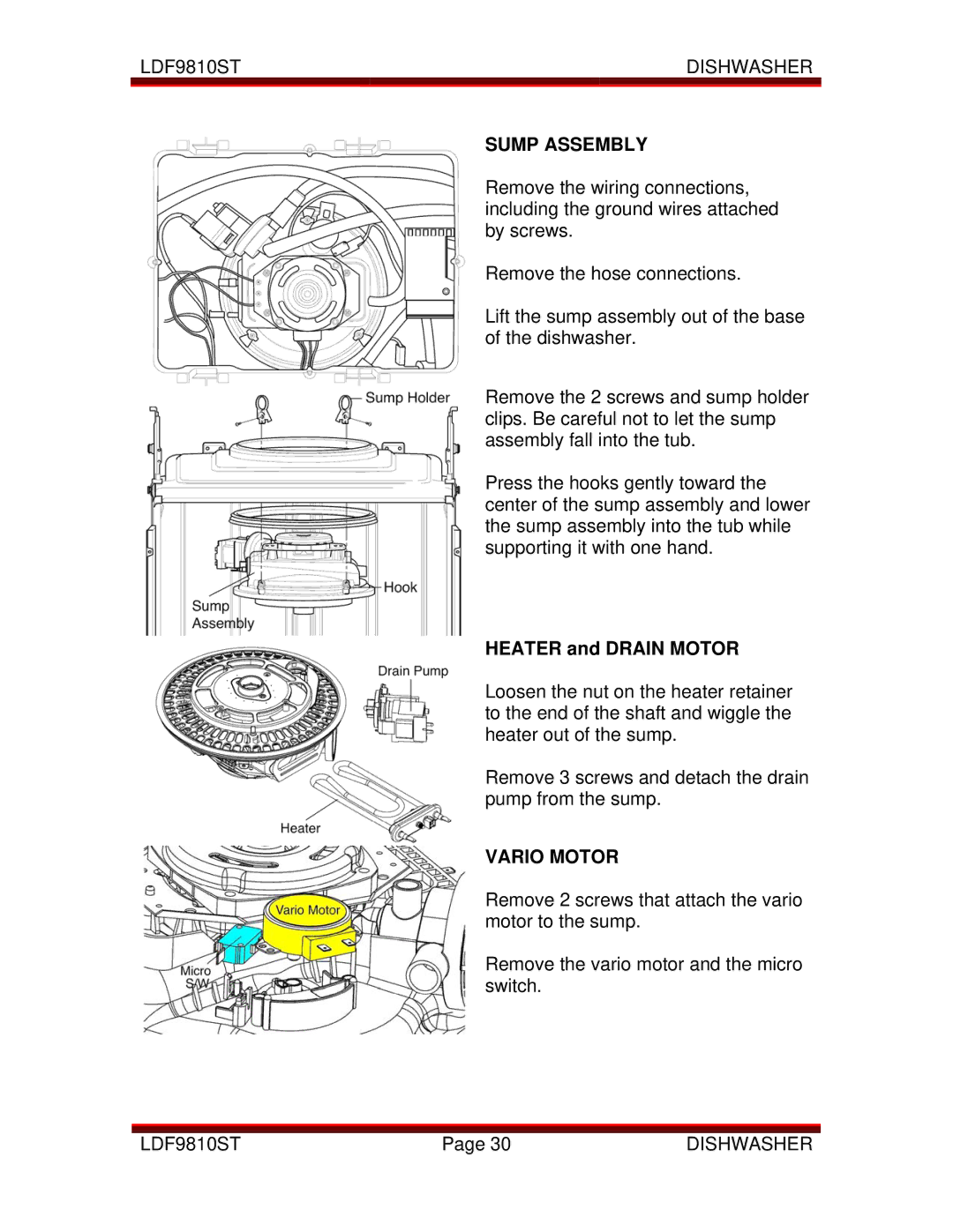 LG Electronics LDF9810ST manual Sump Assembly, Vario Motor 