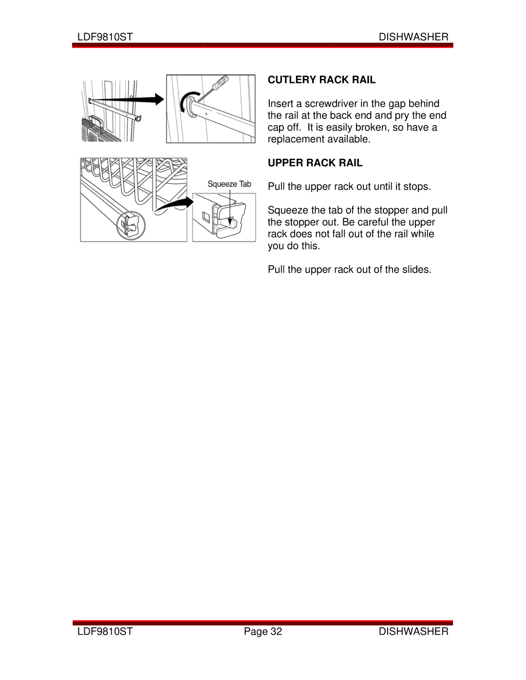 LG Electronics LDF9810ST manual Cutlery Rack Rail, Upper Rack Rail 