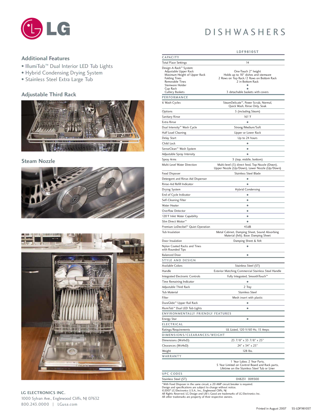 LG Electronics LDF9810ST manual Additional Features, Adjustable Third Rack Steam Nozzle 