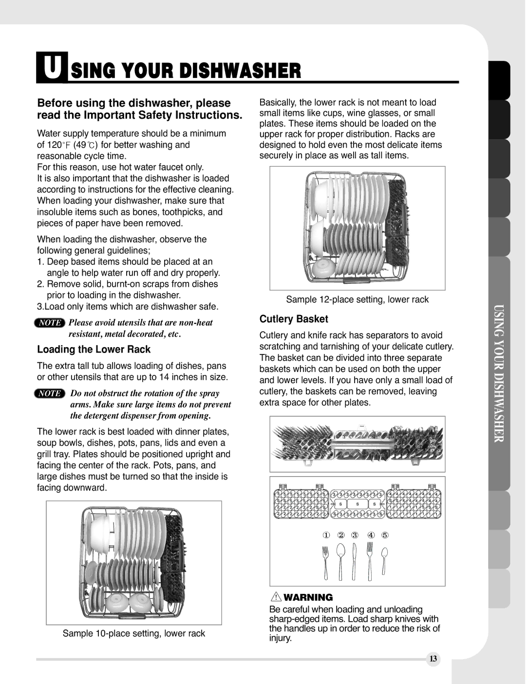 LG Electronics LDF9810BB, LDF9810WW manual Sing Your Dishwasher, Loading the Lower Rack, Cutlery Basket 