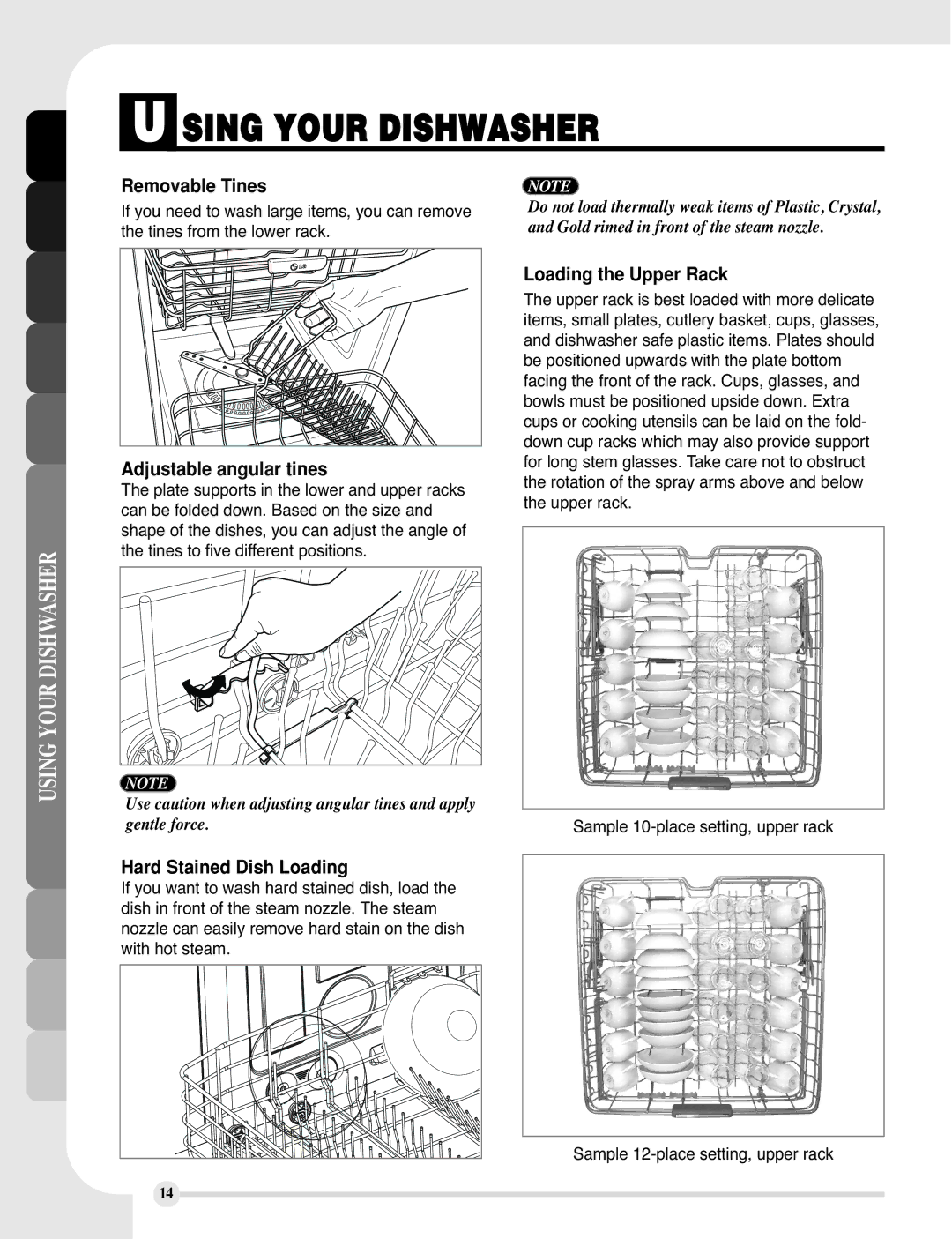 LG Electronics LDF9810WW Removable Tines, Adjustable angular tines, Hard Stained Dish Loading, Loading the Upper Rack 