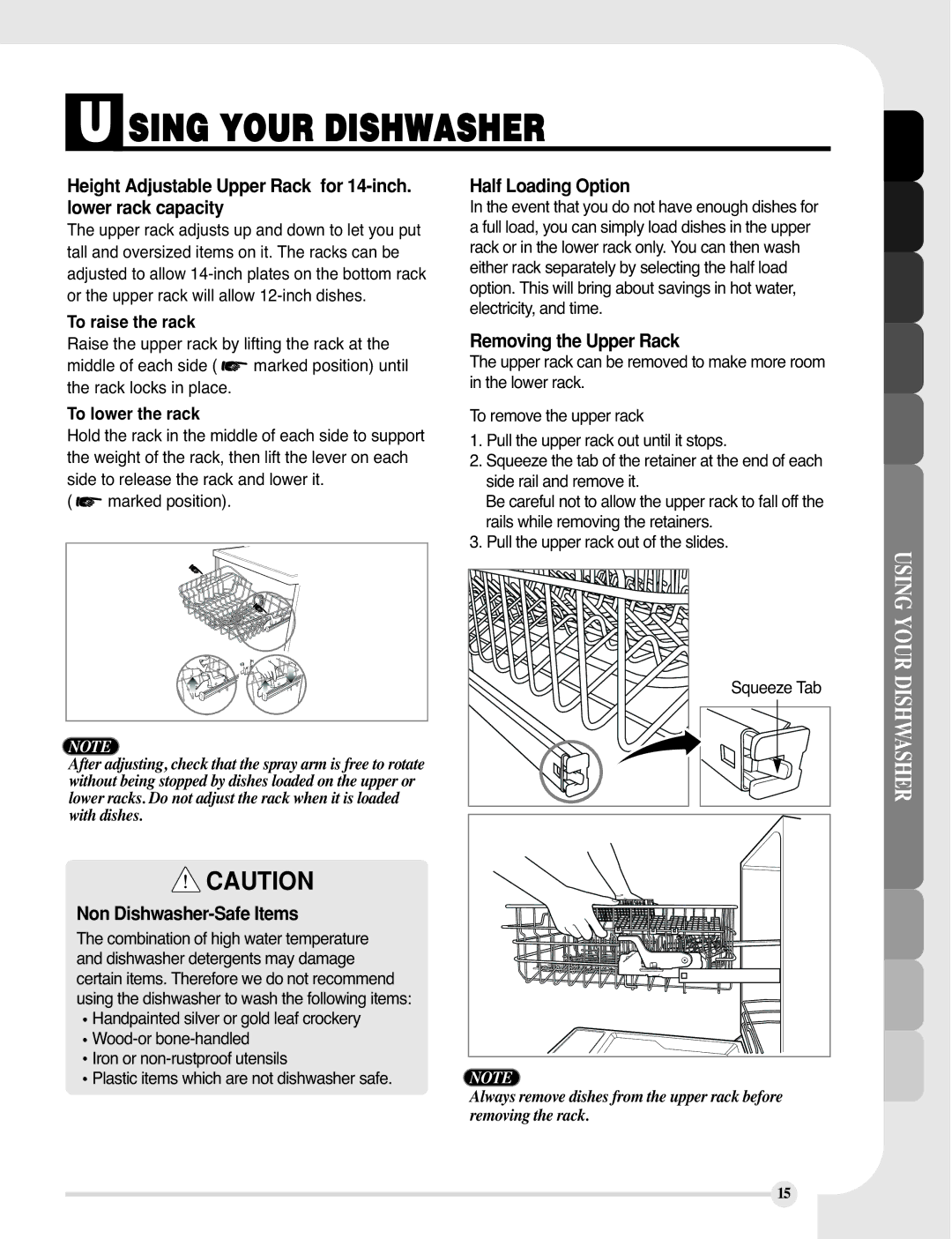 LG Electronics LDF9810BB manual Non Dishwasher-Safe Items, Half Loading Option, Removing the Upper Rack, To raise the rack 