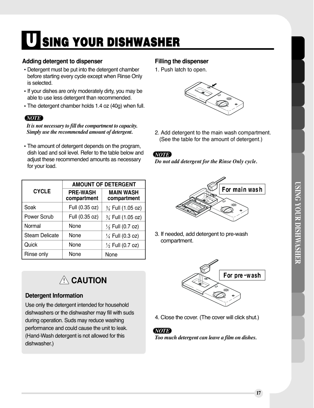 LG Electronics LDF9810BB manual Adding detergent to dispenser, Filling the dispenser, Detergent Information, Compartment 