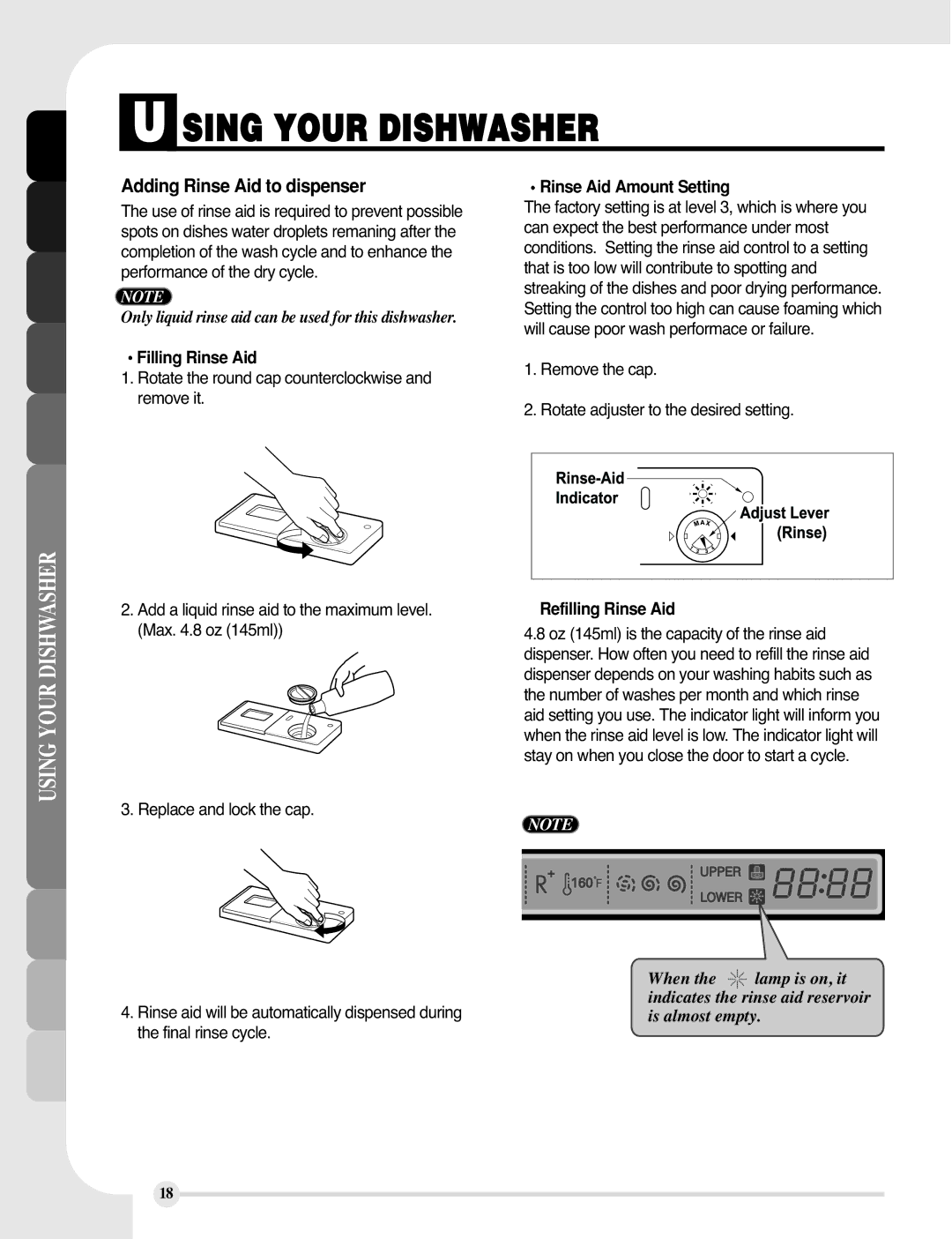 LG Electronics LDF9810WW Adding Rinse Aid to dispenser, Filling Rinse Aid, Rinse Aid Amount Setting, Refilling Rinse Aid 