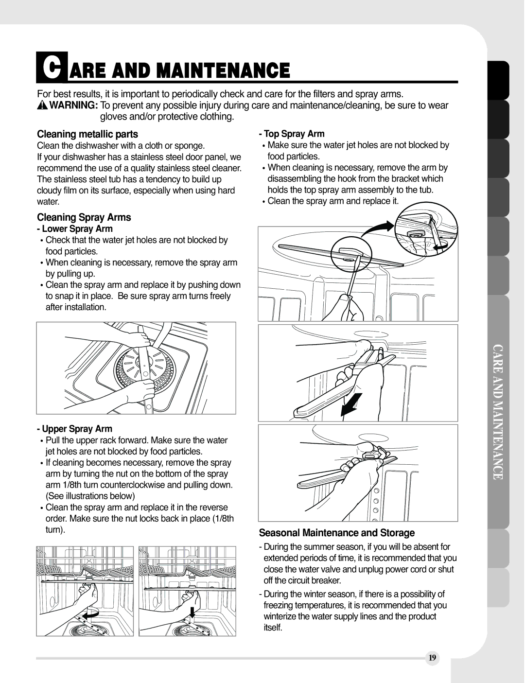 LG Electronics LDF9810BB, LDF9810WW manual Are and Maintenance, Cleaning metallic parts, Cleaning Spray Arms 