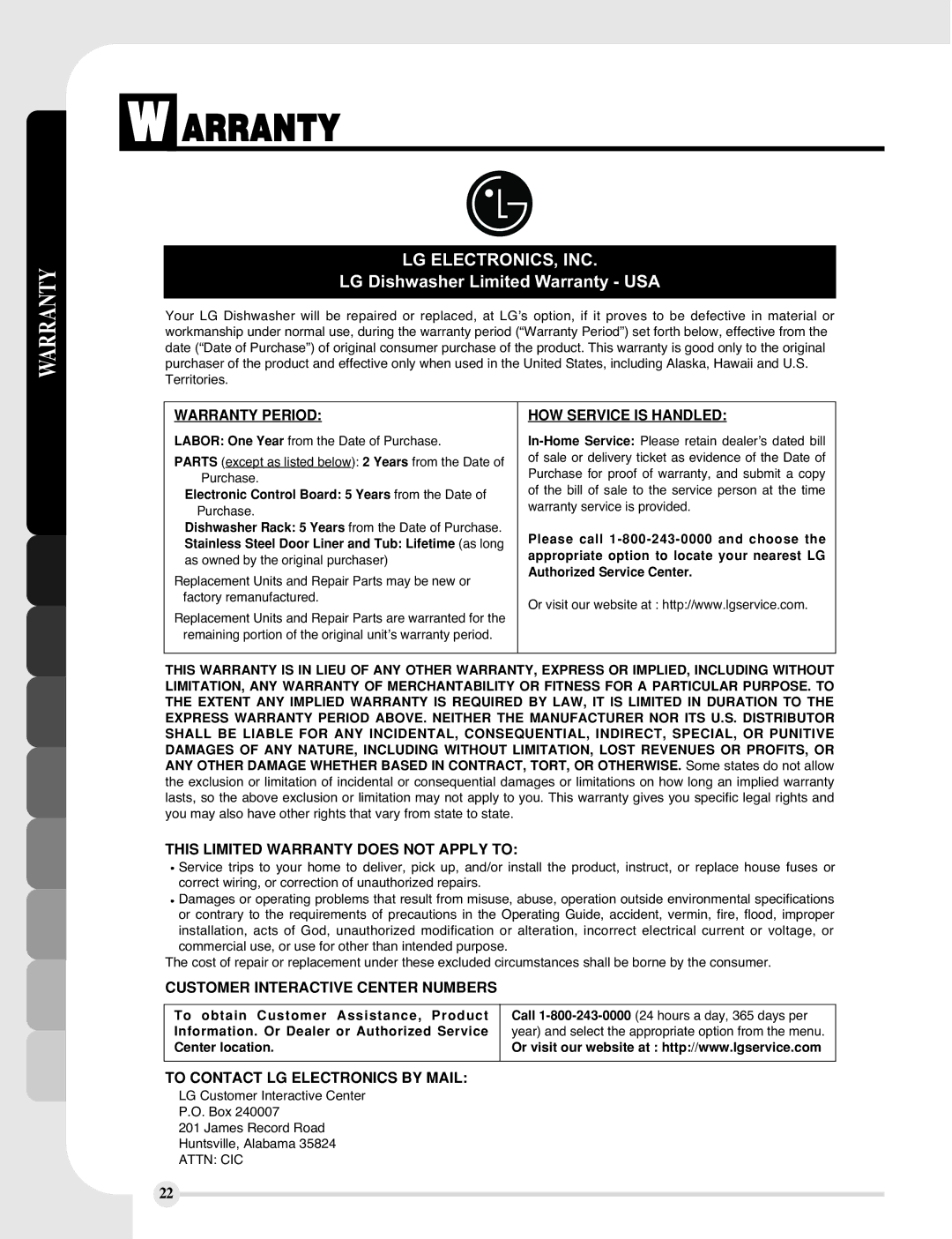 LG Electronics LDF9810WW, LDF9810BB manual Arranty, Lg Electronics, Inc 