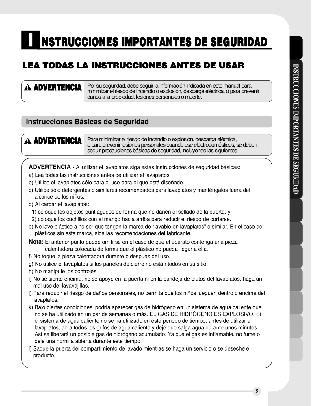 LG Electronics LDF9810BB, LDF9810WW manual Instrucciones Básicas de Seguridad, Advertencia 