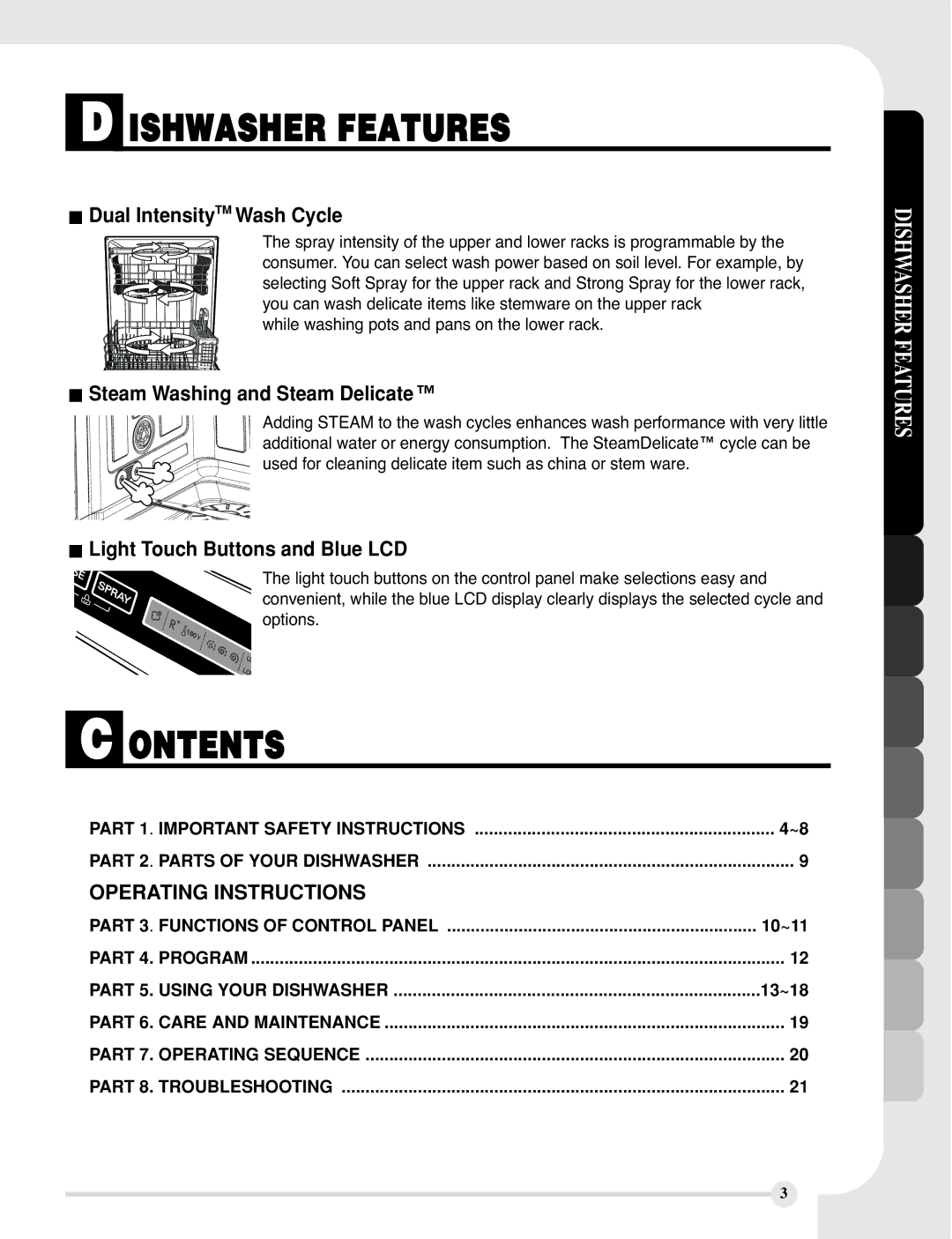 LG Electronics LDF9810BB Ontents, Dual IntensityTM Wash Cycle, Steam Washing and Steam Delicate, Operating Instructions 