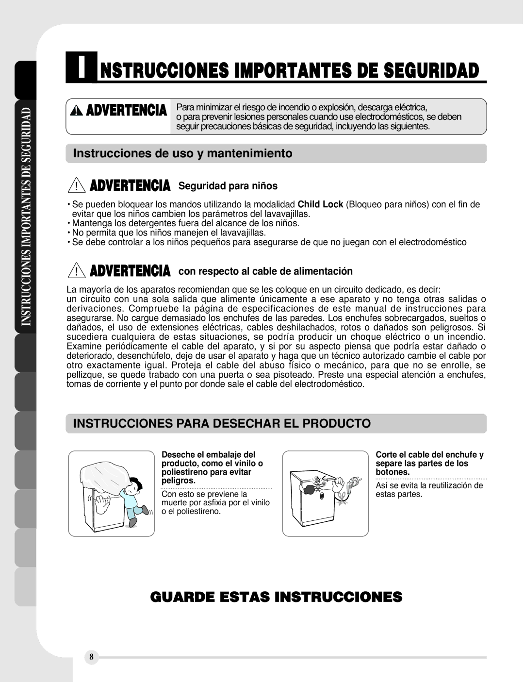 LG Electronics LDF9810WW, LDF9810BB Advertencia Seguridad para niños, Advertencia con respecto al cable de alimentación 