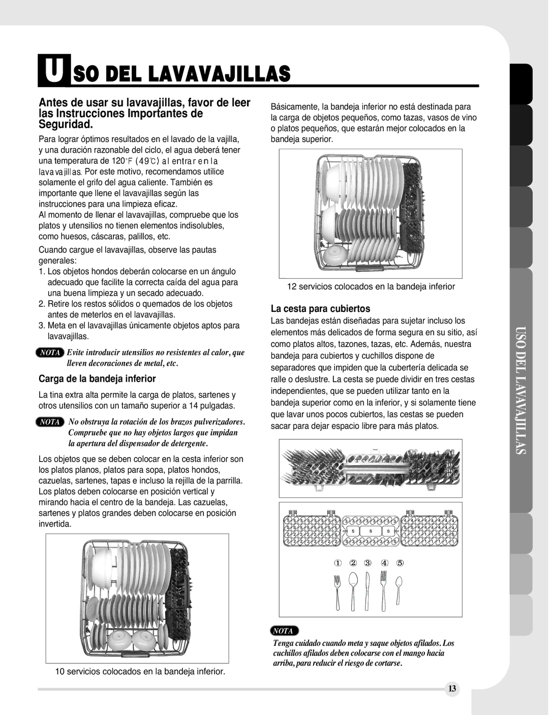 LG Electronics LDF9810BB, LDF9810WW manual SO DEL Lavavajillas, Carga de la bandeja inferior, La cesta para cubiertos 