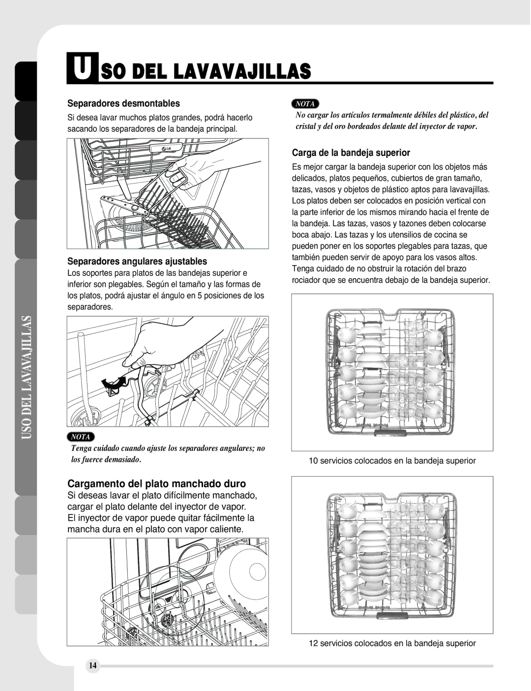 LG Electronics LDF9810WW, LDF9810BB manual Cargamento del plato manchado duro, Separadores angulares ajustables 