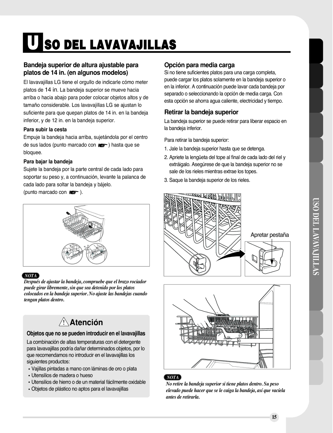 LG Electronics LDF9810BB, LDF9810WW manual Opción para media carga, Retirar la bandeja superior 