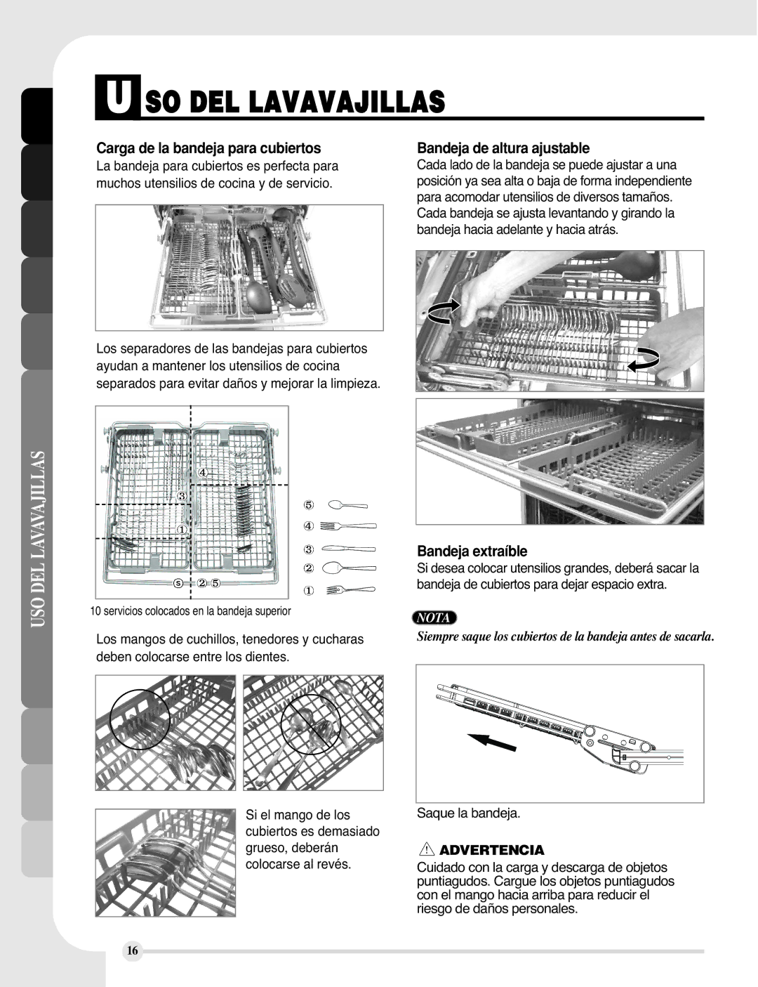 LG Electronics LDF9810WW, LDF9810BB Carga de la bandeja para cubiertos, Bandeja de altura ajustable, Bandeja extraíble 