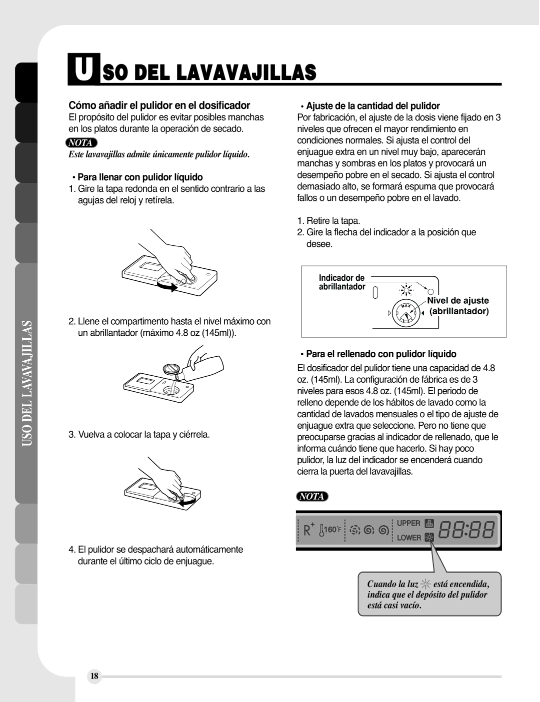 LG Electronics LDF9810WW, LDF9810BB manual Cómo añadir el pulidor en el dosificador, Para llenar con pulidor líquido 