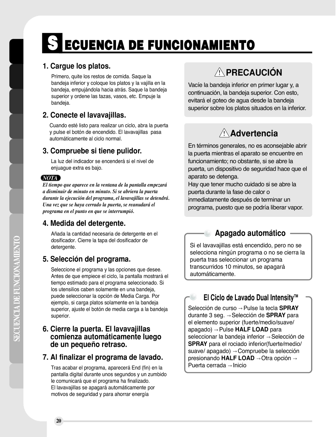 LG Electronics LDF9810WW, LDF9810BB manual Ecuencia DE Funcionamiento 