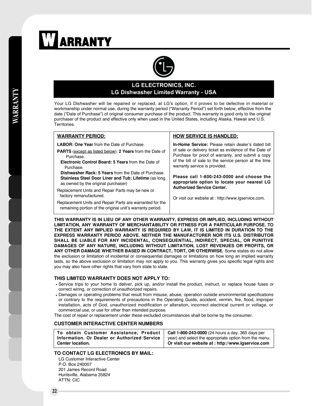 LG Electronics LDF9810WW manual W Arranty, LG ELECTRONICS, INC LG Dishwasher Limited Warranty - USA, Warranty Period 