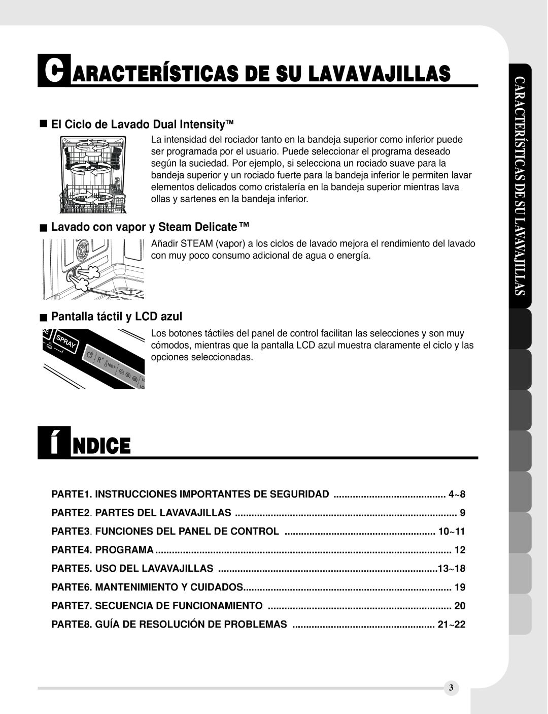 LG Electronics LDF9810BB í NDICE, El Ciclo de Lavado Dual IntensityTM, Lavado con vapor y Steam Delicate, 10~11, 13~18 
