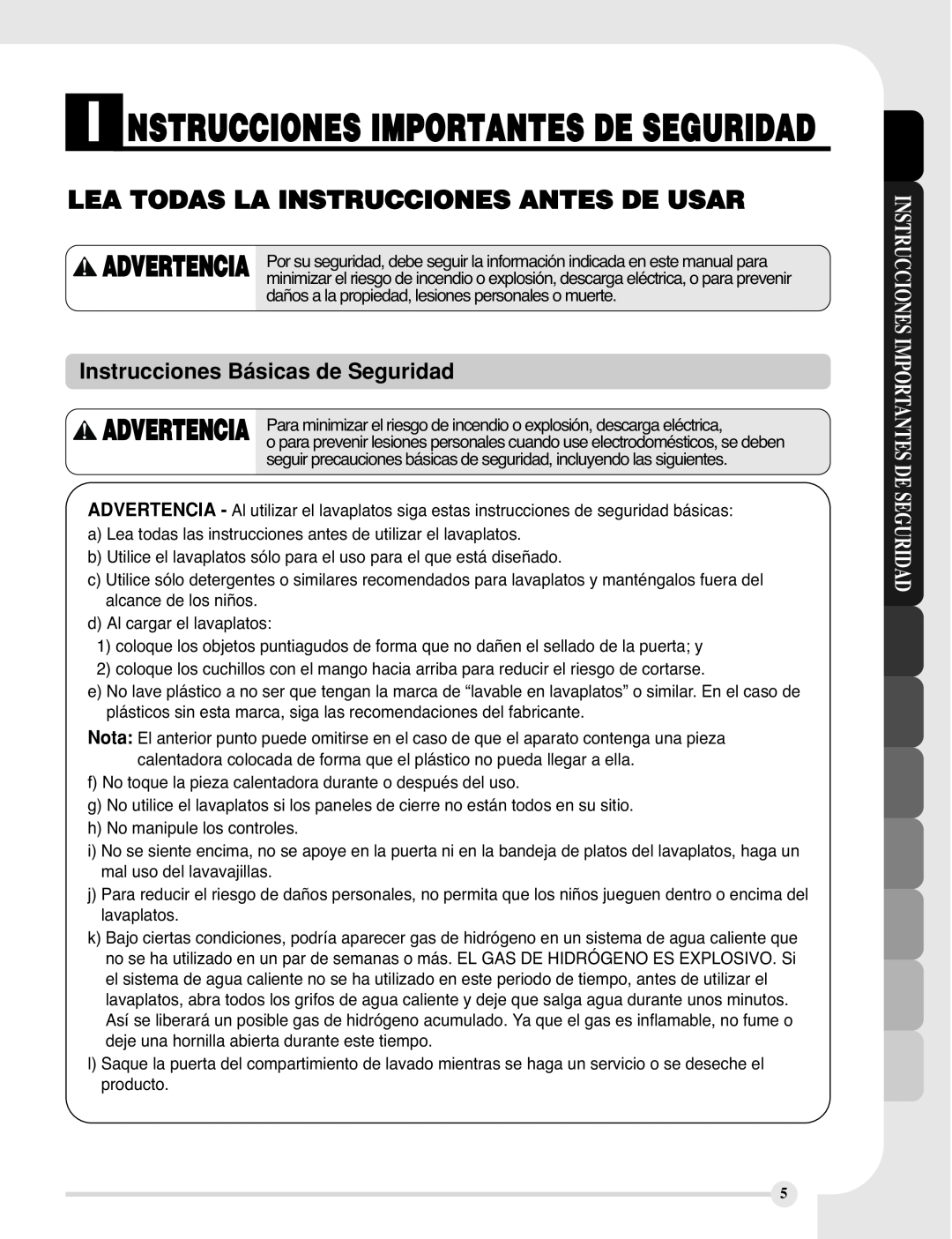 LG Electronics LDF9810BB manual Instrucciones Básicas de Seguridad, Advertencia, I Nstrucciones Importantes De Seguridad 