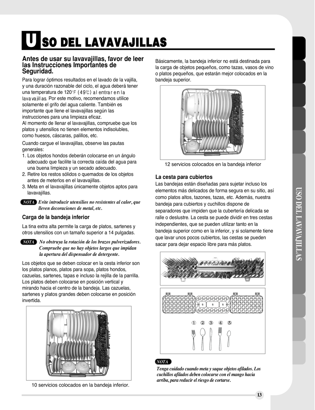 LG Electronics LDF9810BB, LDF9810WW manual U So Del Lavavajillas, Uso Del Lavavajillas, Carga de la bandeja inferior 