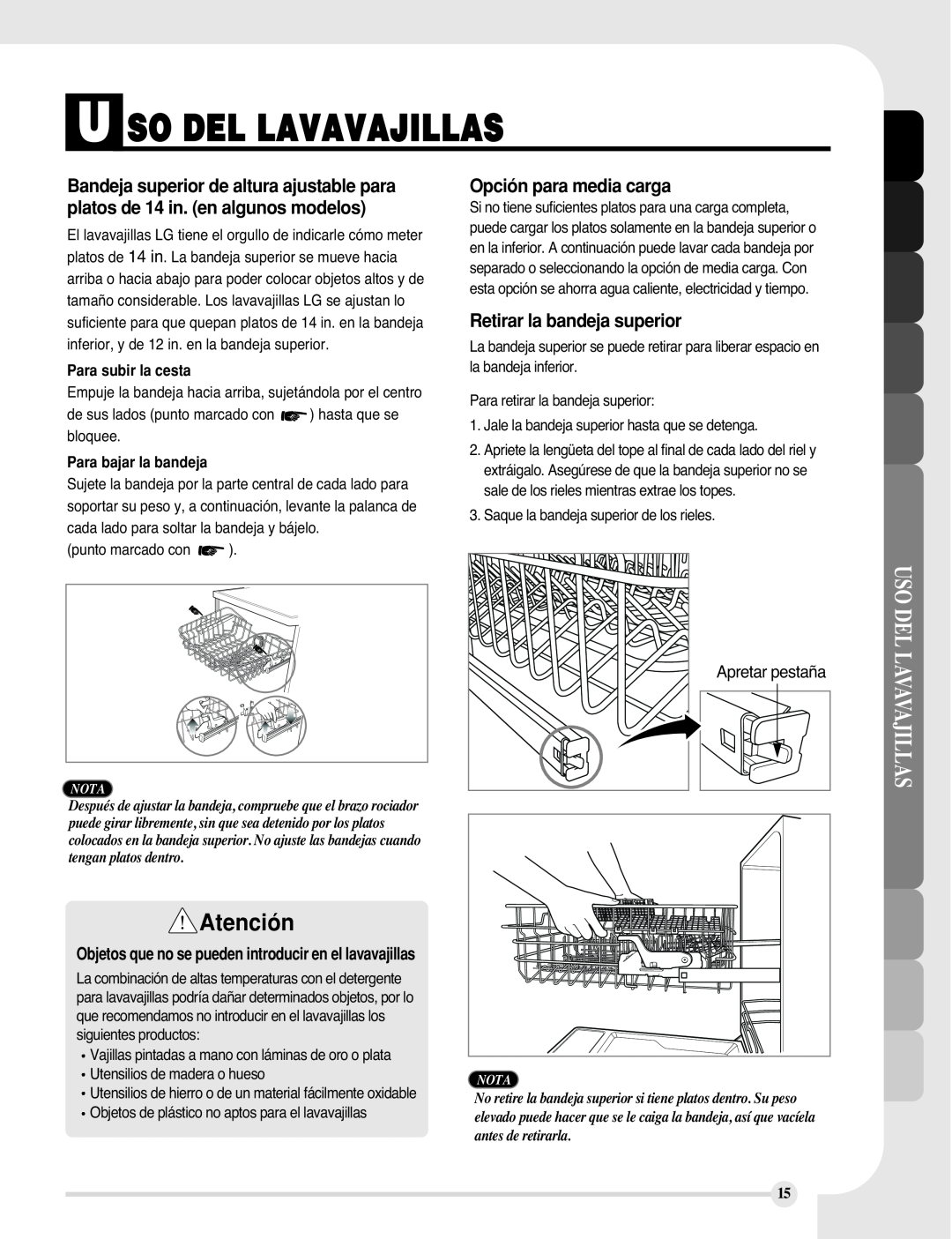 LG Electronics LDF9810BB, LDF9810WW Atención, Opción para media carga, Retirar la bandeja superior, U So Del Lavavajillas 