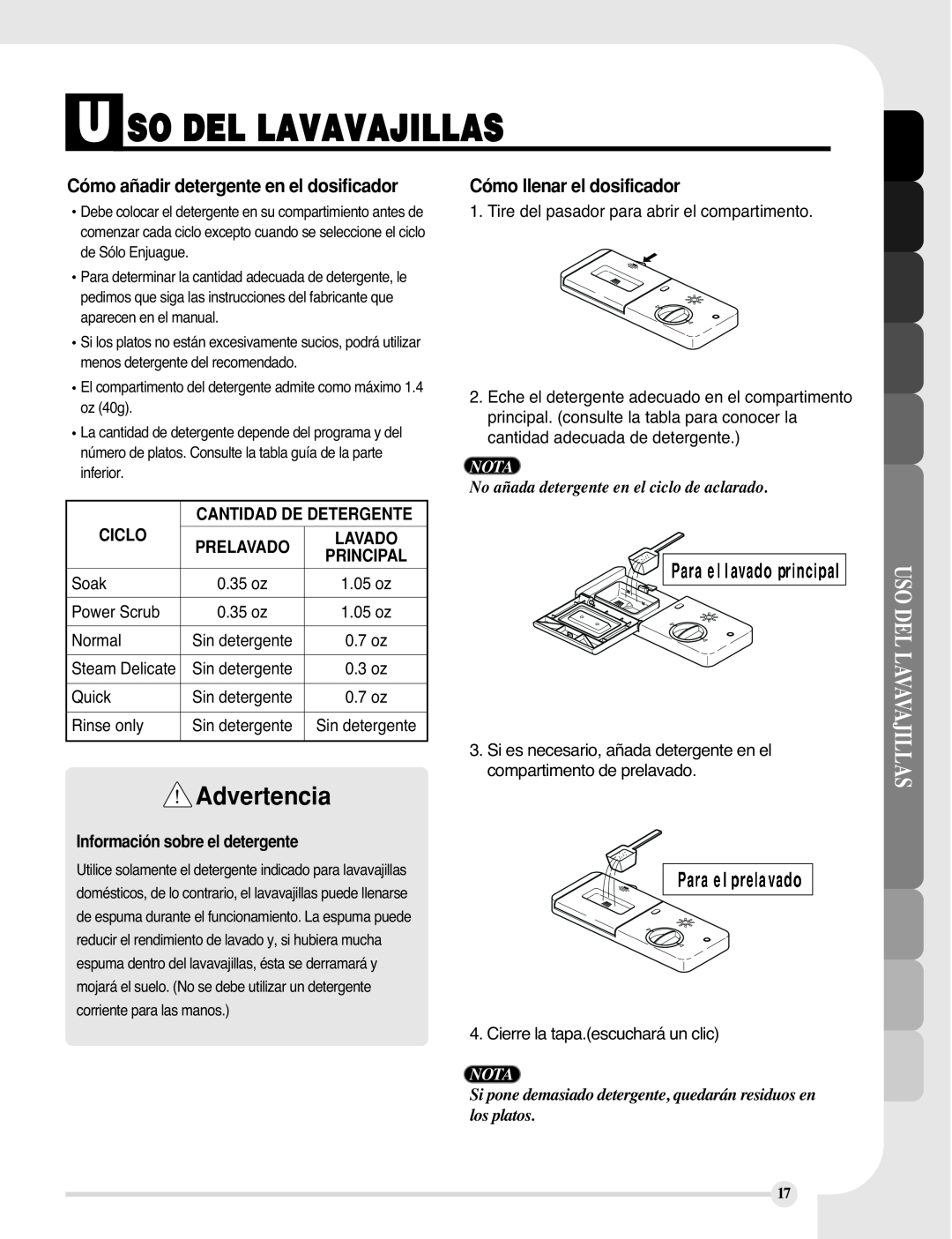 LG Electronics LDF9810BB Advertencia, Cómo añadir detergente en el dosificador, Cómo llenar el dosificador, Ciclo, Nota 