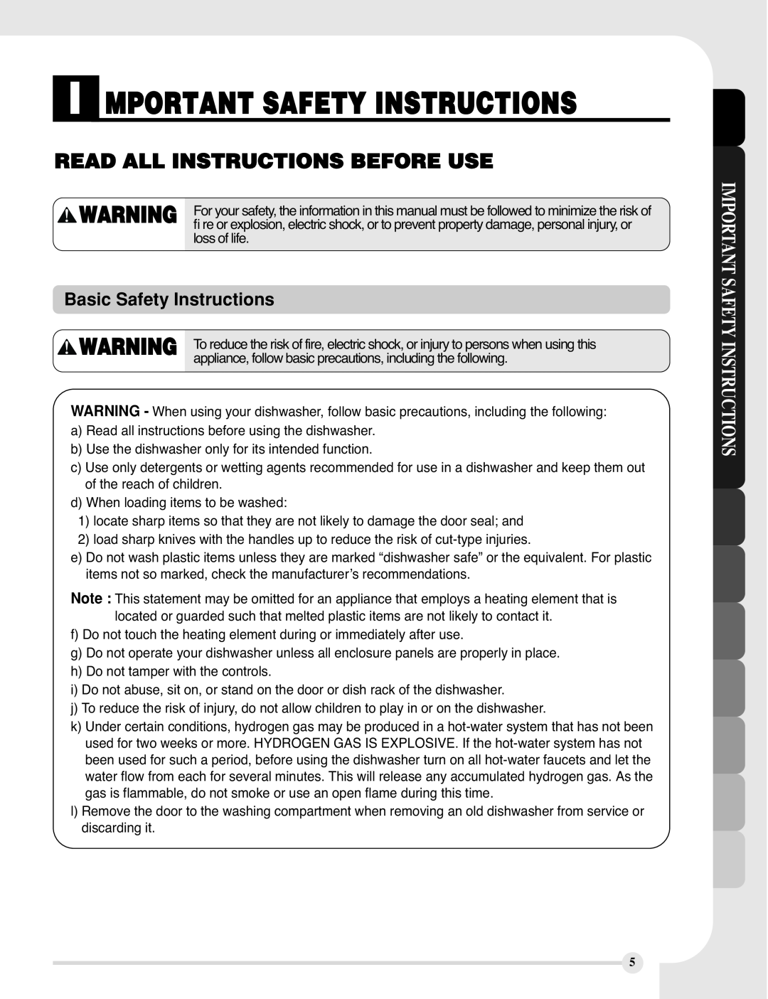LG Electronics LDF9810BB manual Basic Safety Instructions, I Mportant Safety Instructions, Read All Instructions Before Use 