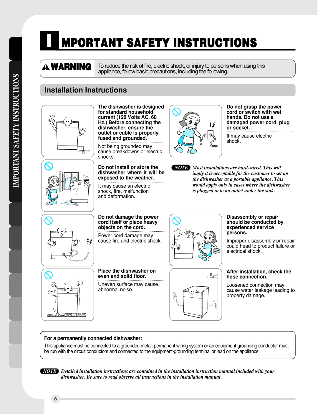 LG Electronics LDF9810WW manual Installation Instructions, I Mportant Safety Instructions, Do not install or store the 