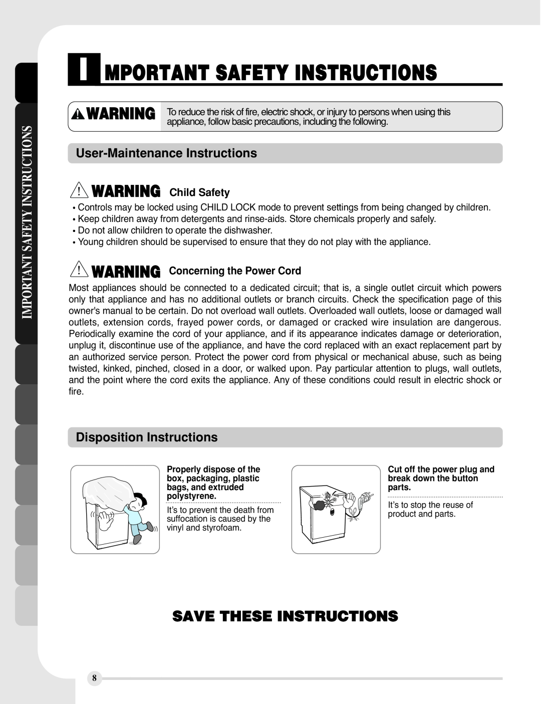 LG Electronics LDF9810WW, LDF9810BB manual Save These Instructions, Disposition Instructions, WARNING Child Safety 