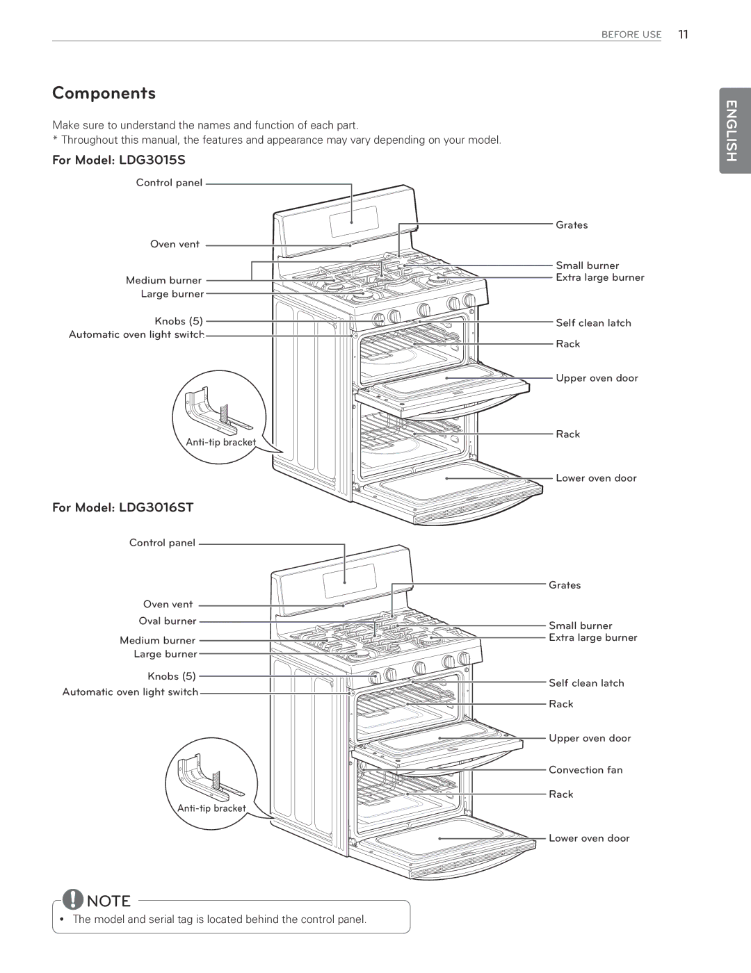 LG Electronics LDG3015SB, LDG3016ST, LDG3015ST, LDG3015SW owner manual Components, For Model LDG3015S 