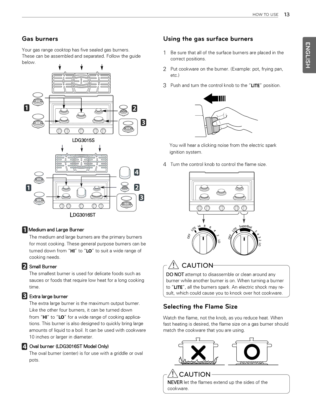 LG Electronics LDG3015ST, LDG3016ST, LDG3015SW Gas burners, Using the gas surface burners, Selecting the Flame Size 