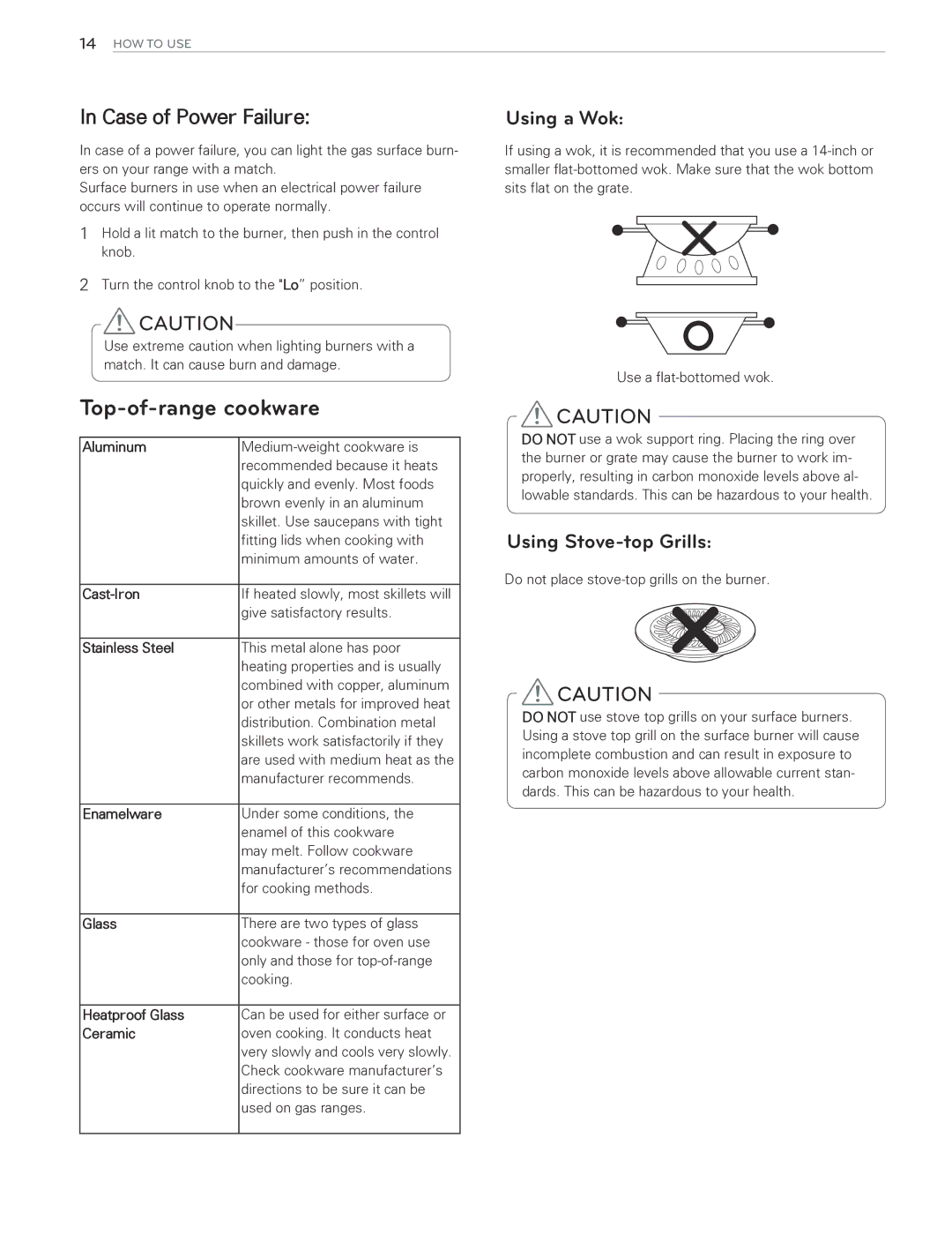 LG Electronics LDG3015SW, LDG3016ST Top-of-range cookware, Case of Power Failure, Using a Wok, Using Stove-top Grills 